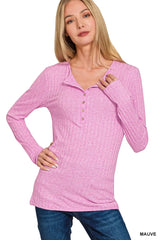 Zenana Ribbed Long Sleeve Half Button Top OutfitFlow