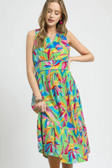 Umgee Ruffled Hem Printed Sleeveless Midi Dress Green OutfitFlow