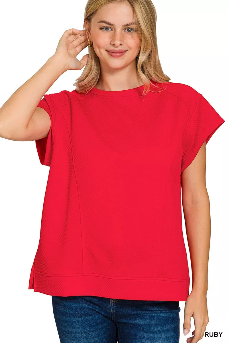 Zenana Textured Knit Jacquard Short Sleeve Top RUBY OutfitFlow
