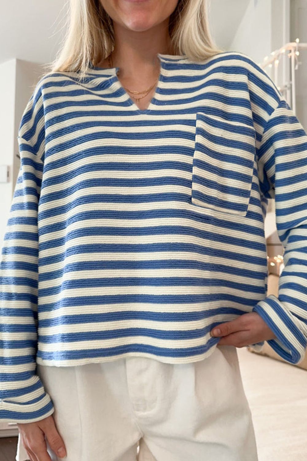 Stripe Chest Pocket Notched Top OutfitFlow