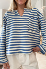 Stripe Chest Pocket Notched Top OutfitFlow