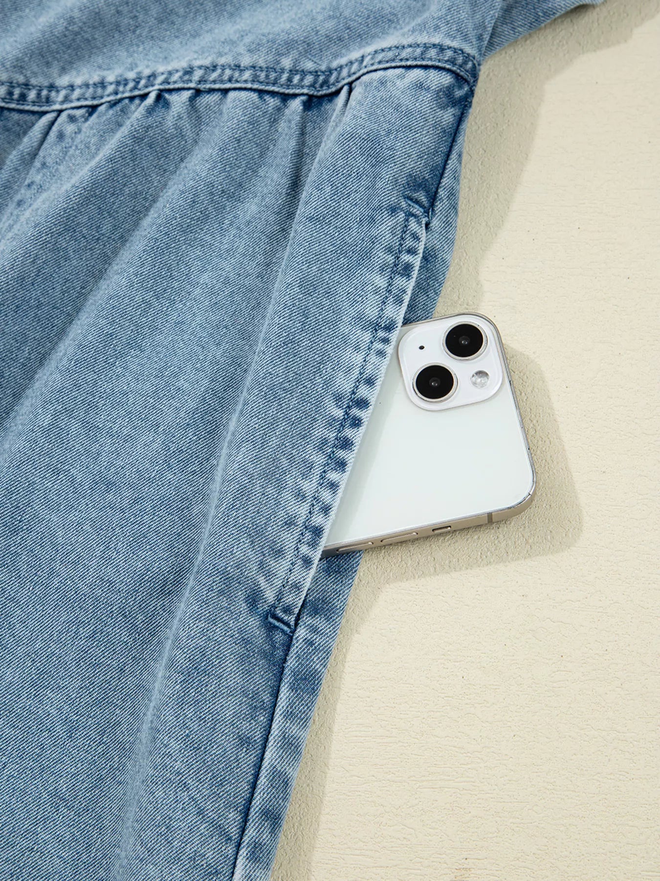 Smocked Cuffs Flared Denim Shirt Mini Dress Trendsi