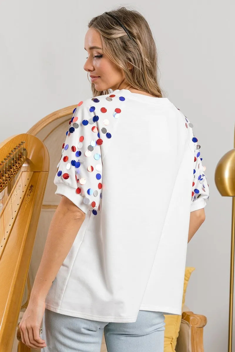 BiBi Party In The Usa Spangle Puff Sleeves Top OutfitFlow