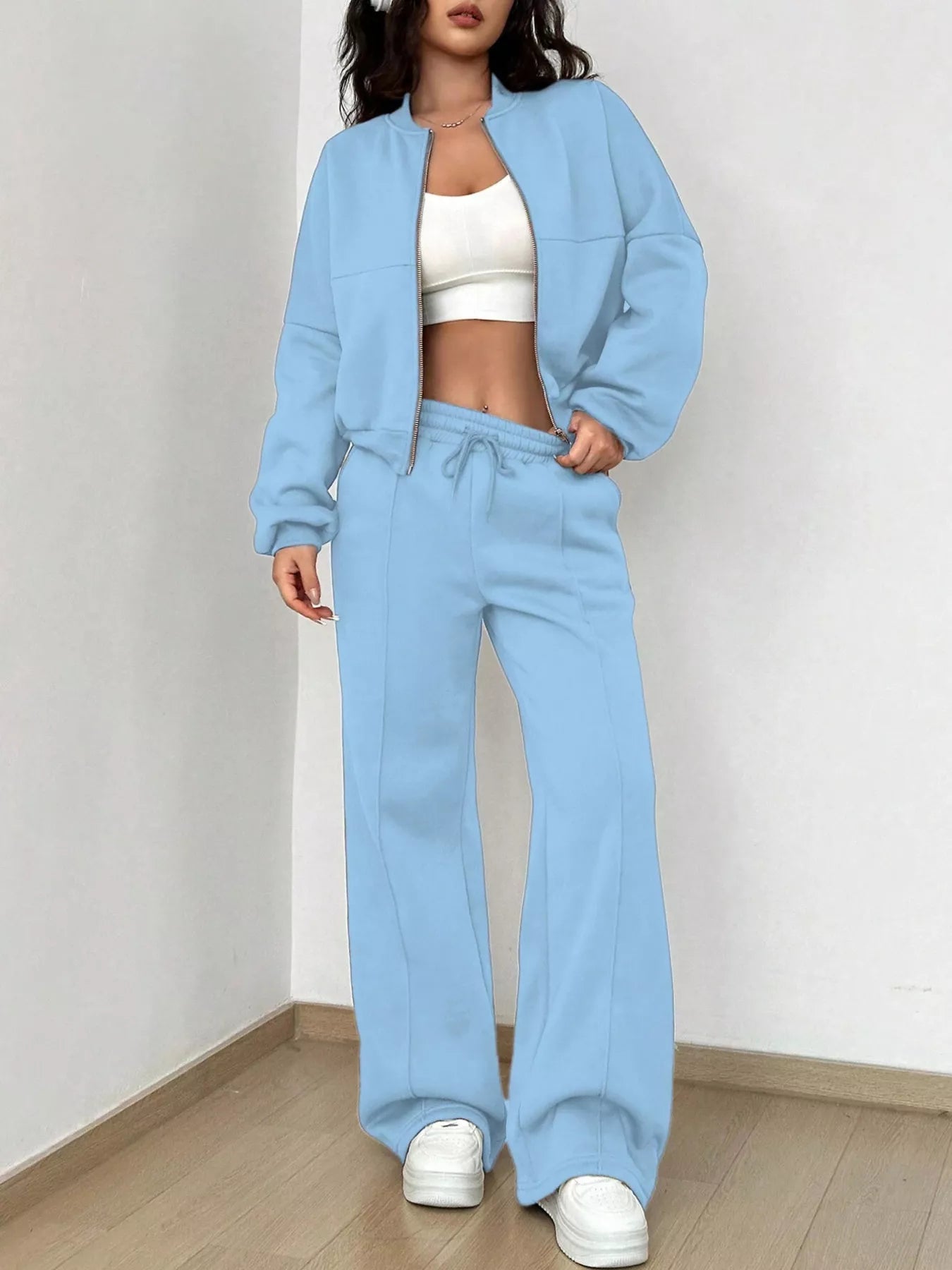 Casual Solid Color Zipper Jacket and Wide Leg Pants Set OutfitFlow