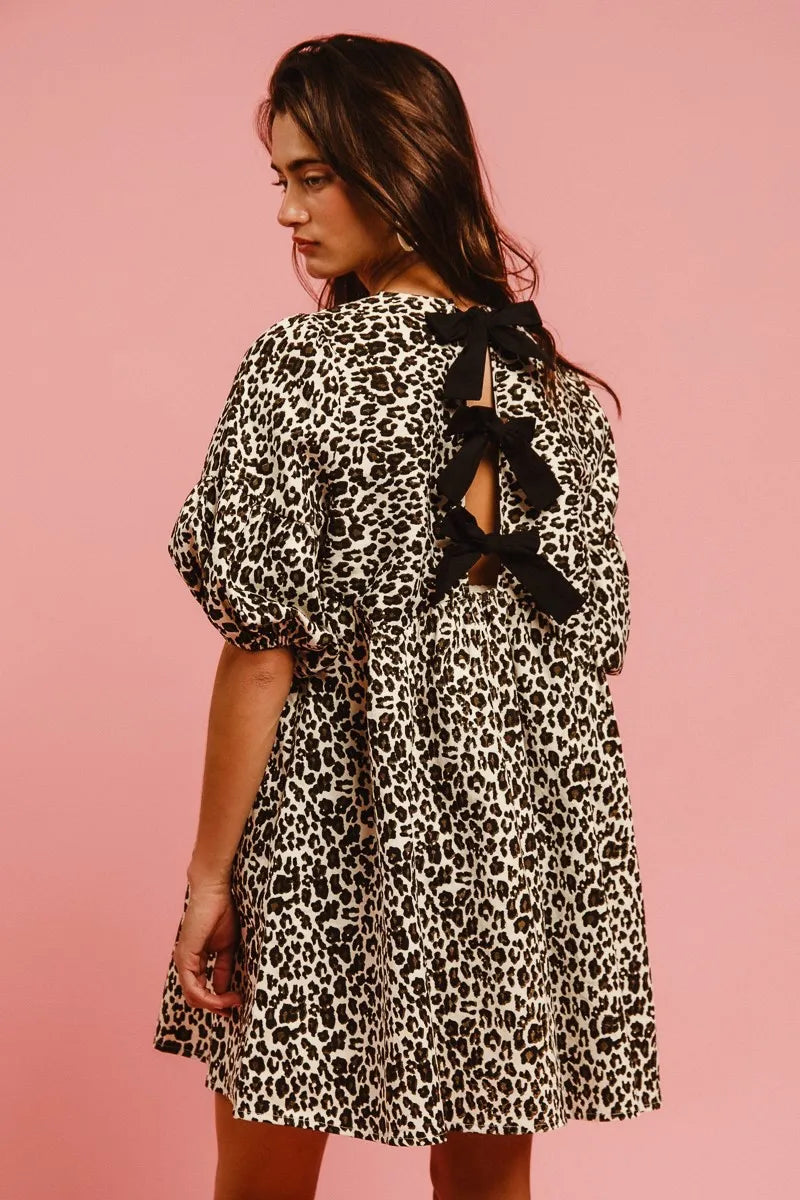 BiBi Leopard Denim Dress With Back Contrast Tie Detail OutfitFlow