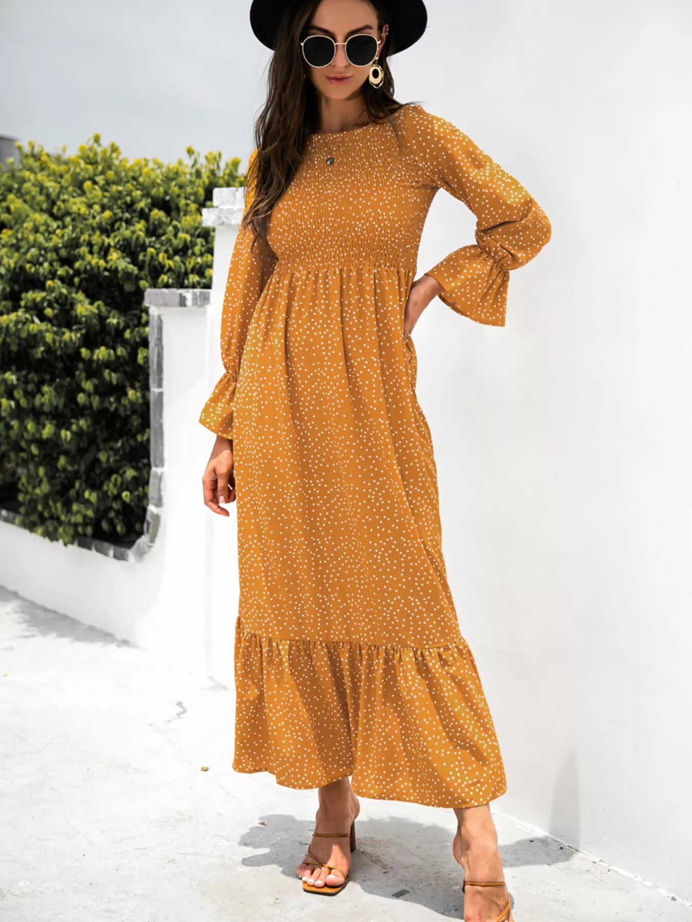 Ruffled Printed Long Sleeve Maxi Dress OutfitFlow