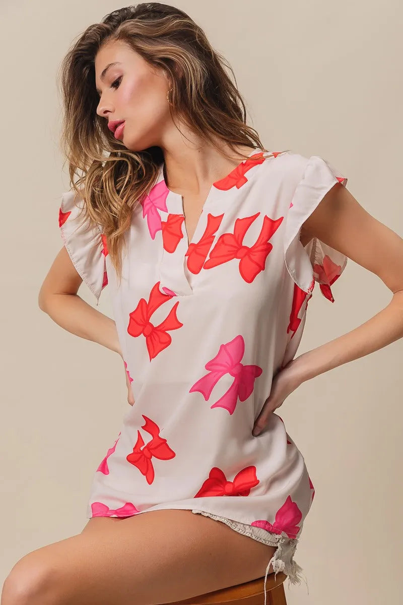 BiBi Bow Printed Woven Ruffled Sleeves V Neck Top OutfitFlow
