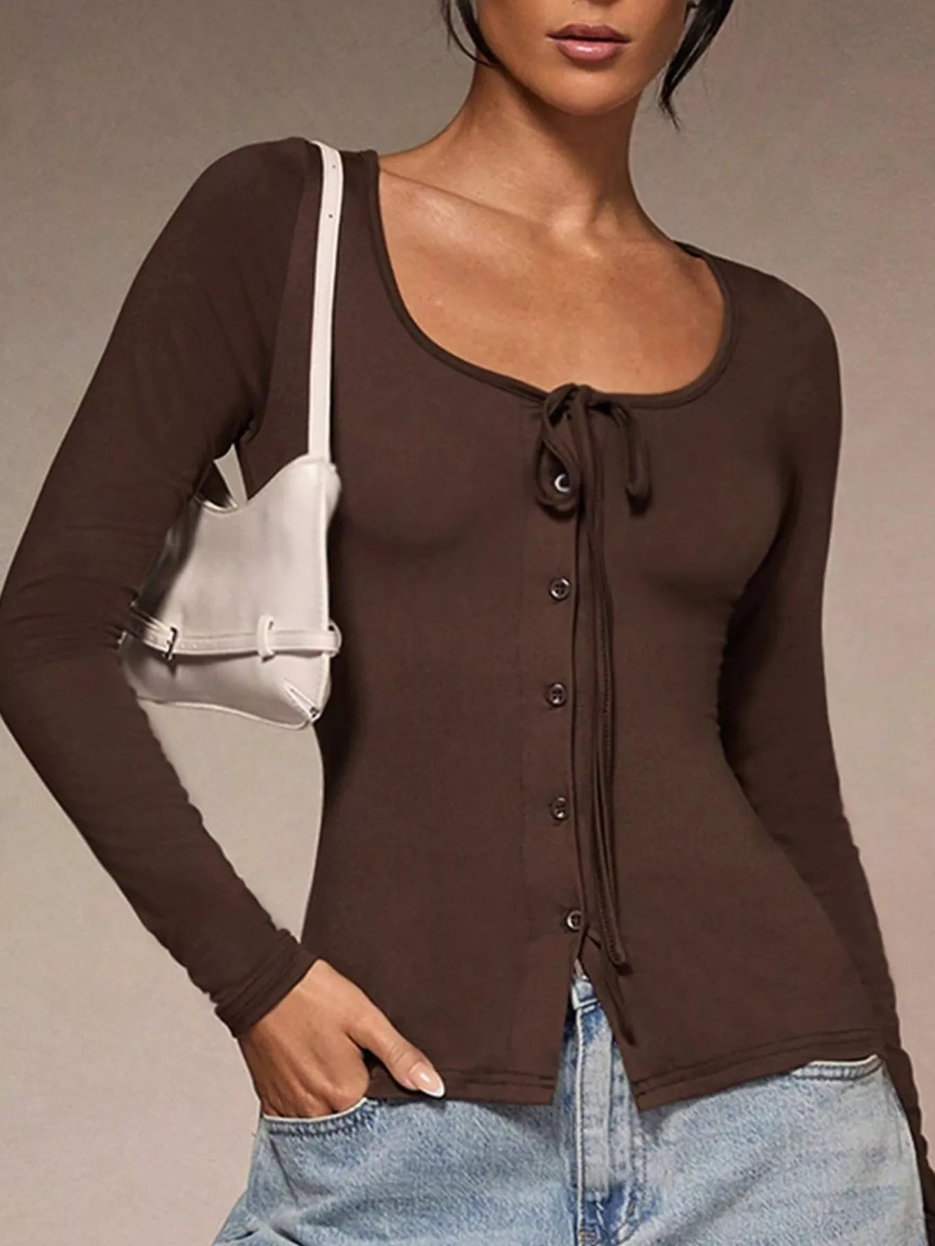 Long Sleeve Scoop Neck Tie Front T-Shirt OutfitFlow