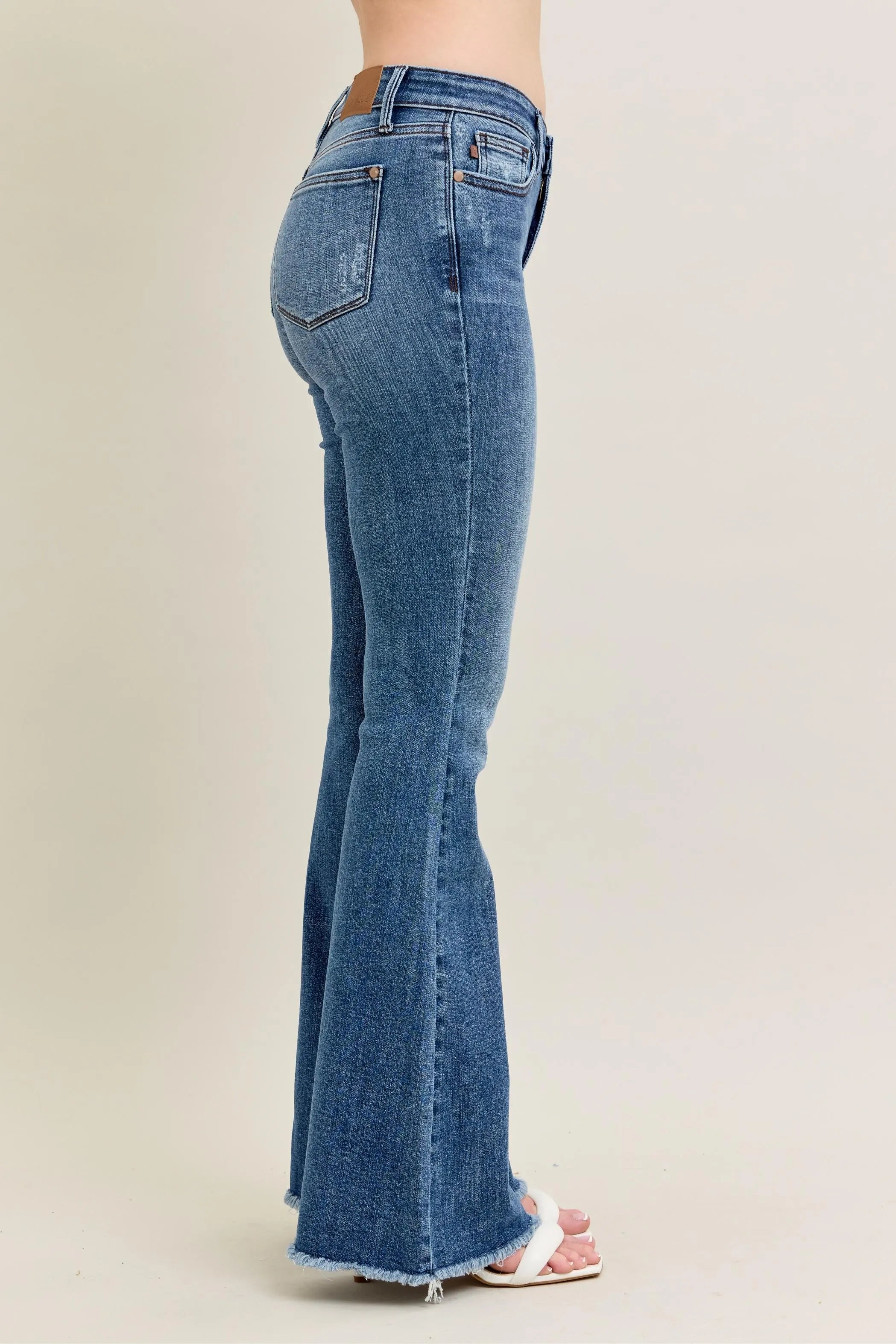 Judy Blue Full Size Mr Vintage Wash Flare Jeans W/ Destroy and Fray Hem Plus Size OutfitFlow