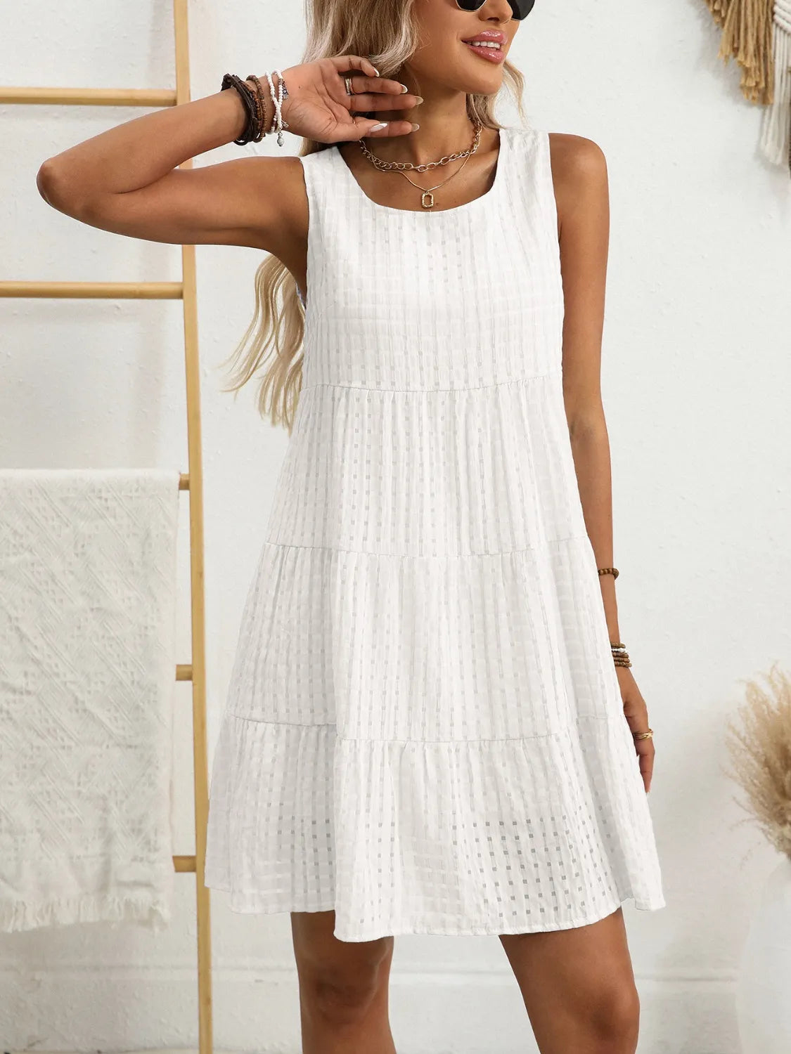 Plaid Round Neck Sleeveless Mini Dress OutfitFlow