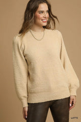 Umgee Textured Long Sleeve Sweater with Ribbed Trim LATTE Trendsi