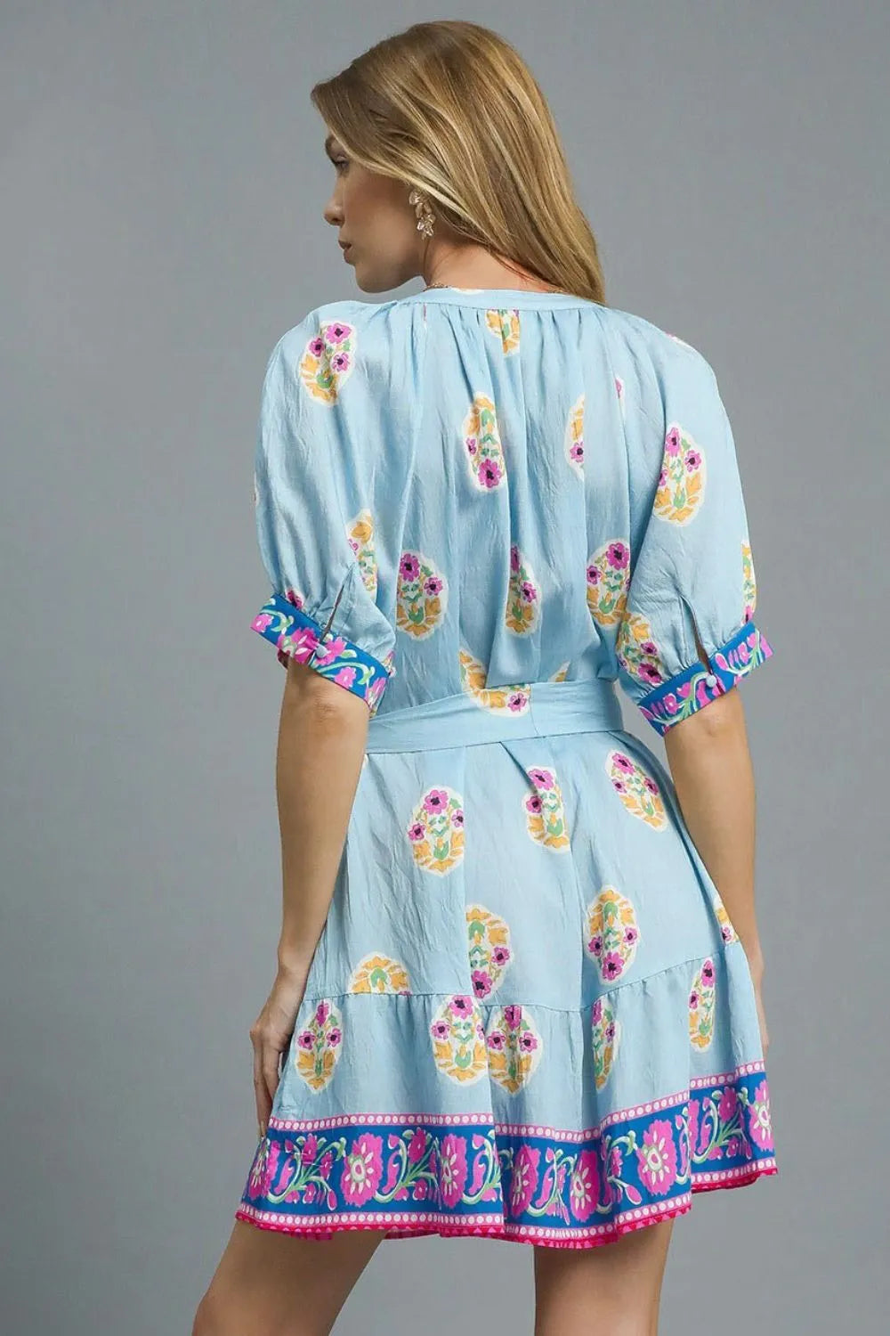 Umgee Floral Print Tie Waist Short Sleeve Dress OutfitFlow