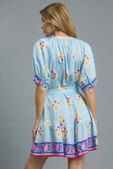 Umgee Floral Print Tie Waist Short Sleeve Dress OutfitFlow