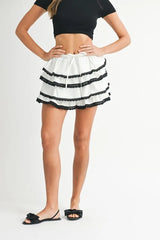 MABLE Poplin Ruffle Layered Contract Lace Trim Mini Skirt OutfitFlow