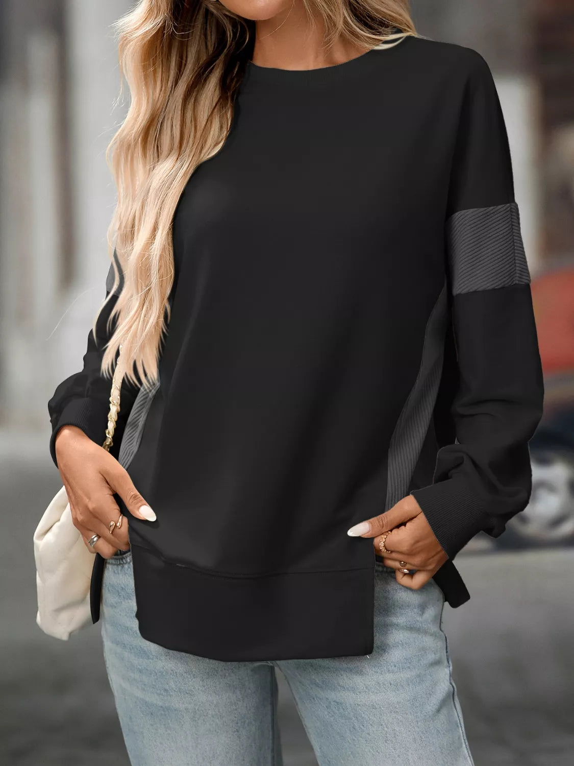 Side Slit Round Neck Sweatshirt Black OutfitFlow