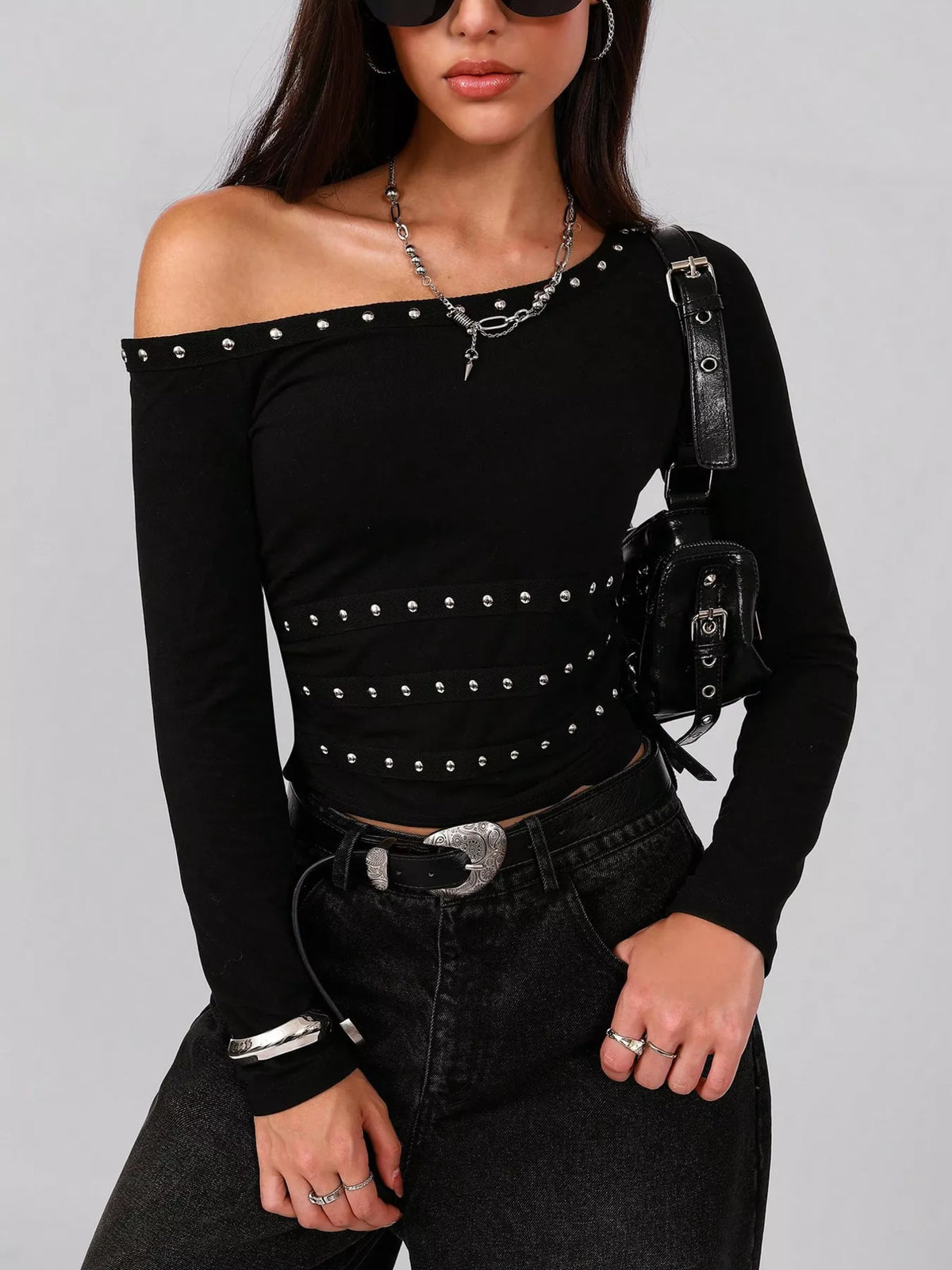 Studded One Shoulder Long Sleeve T-Shirt Black OutfitFlow