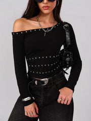Studded One Shoulder Long Sleeve T-Shirt Black OutfitFlow