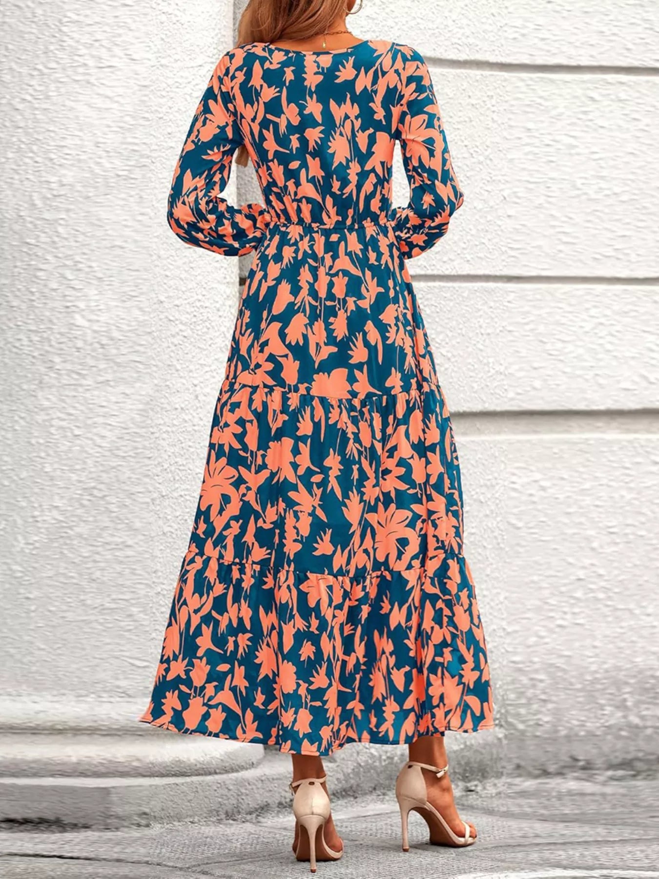 Printed V-Neck Flounce Sleeve Tiered Midi Dress OutfitFlow