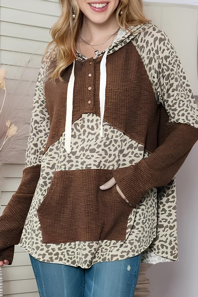 Outfit Flow - Leopard Ribbed Patchwork Drawstring Hoodie