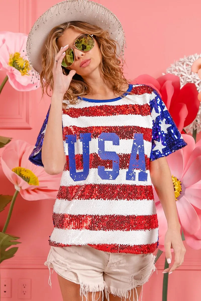 BiBi American Flag Theme USA Lettering Sequin Top OutfitFlow