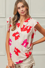 BiBi Bow Printed Woven Ruffled Sleeves V Neck Top OutfitFlow
