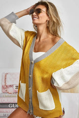 BiBi Color Block Sweater Cardigan with Button Closure OutfitFlow