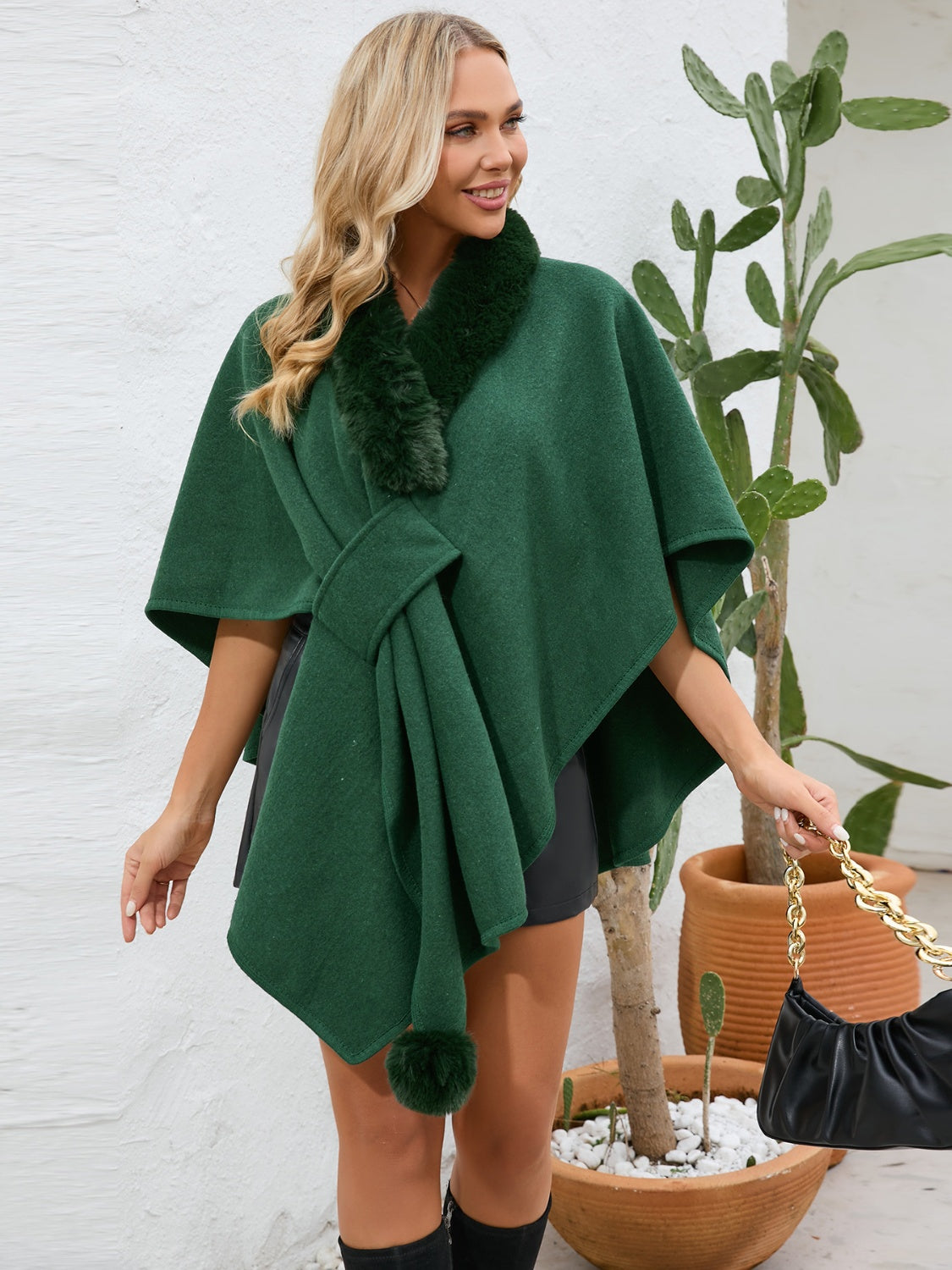 Outfit Flow - Fuzzy Trim Open Front Poncho