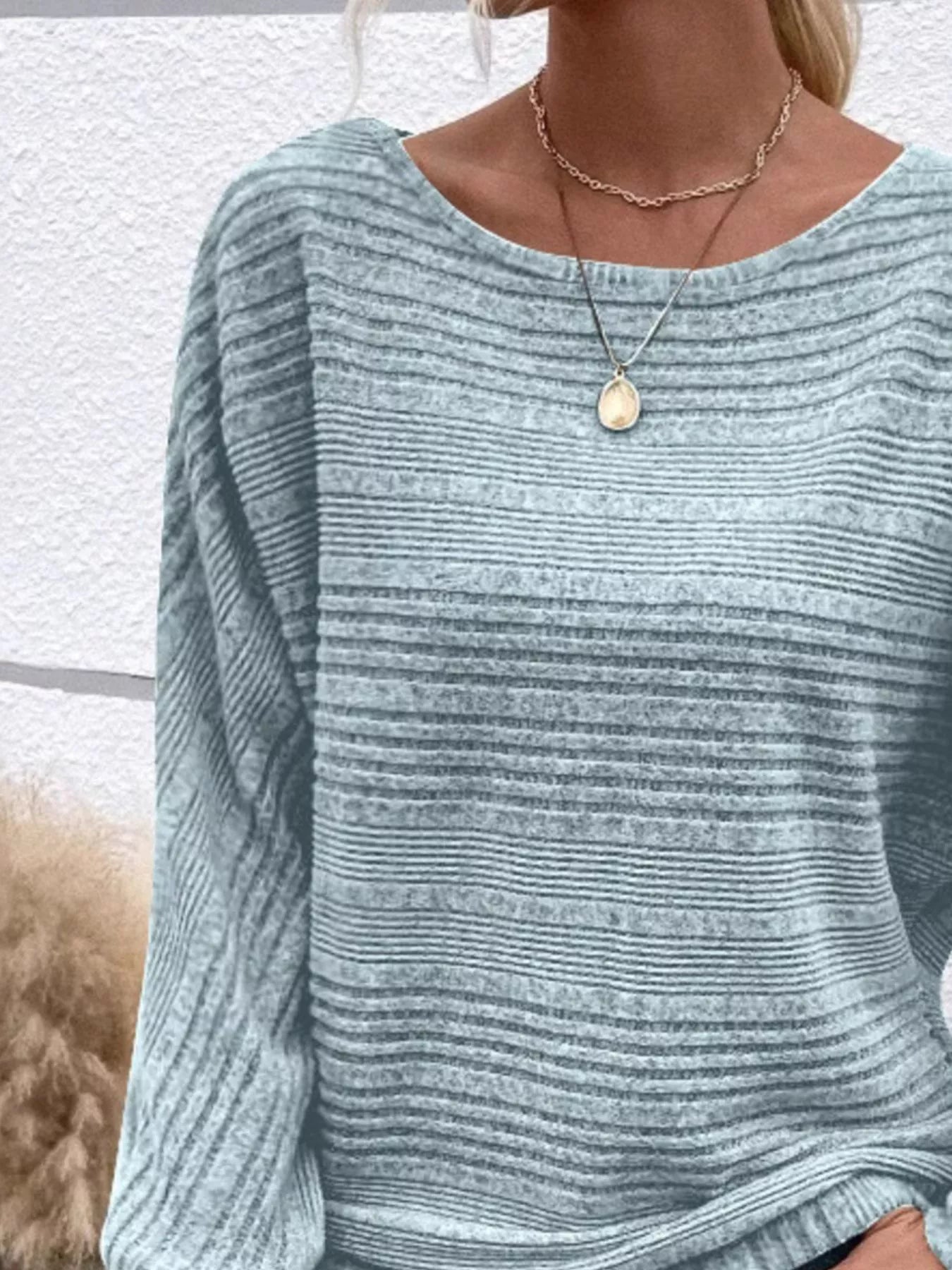 Ribbed Round Neck Long Sleeve Top OutfitFlow