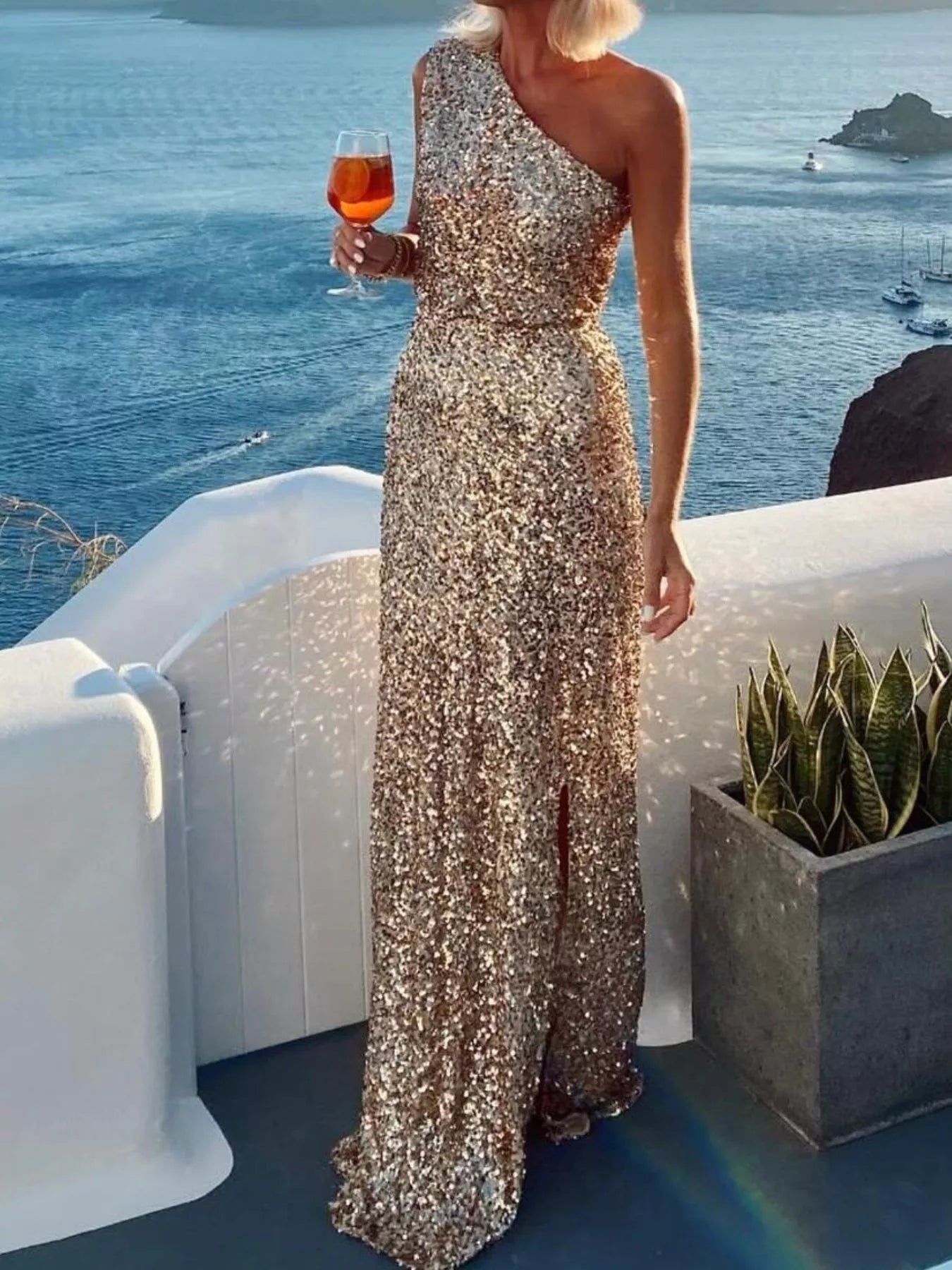 Sequin One-Shoulder Slit Maxi Dress OutfitFlow