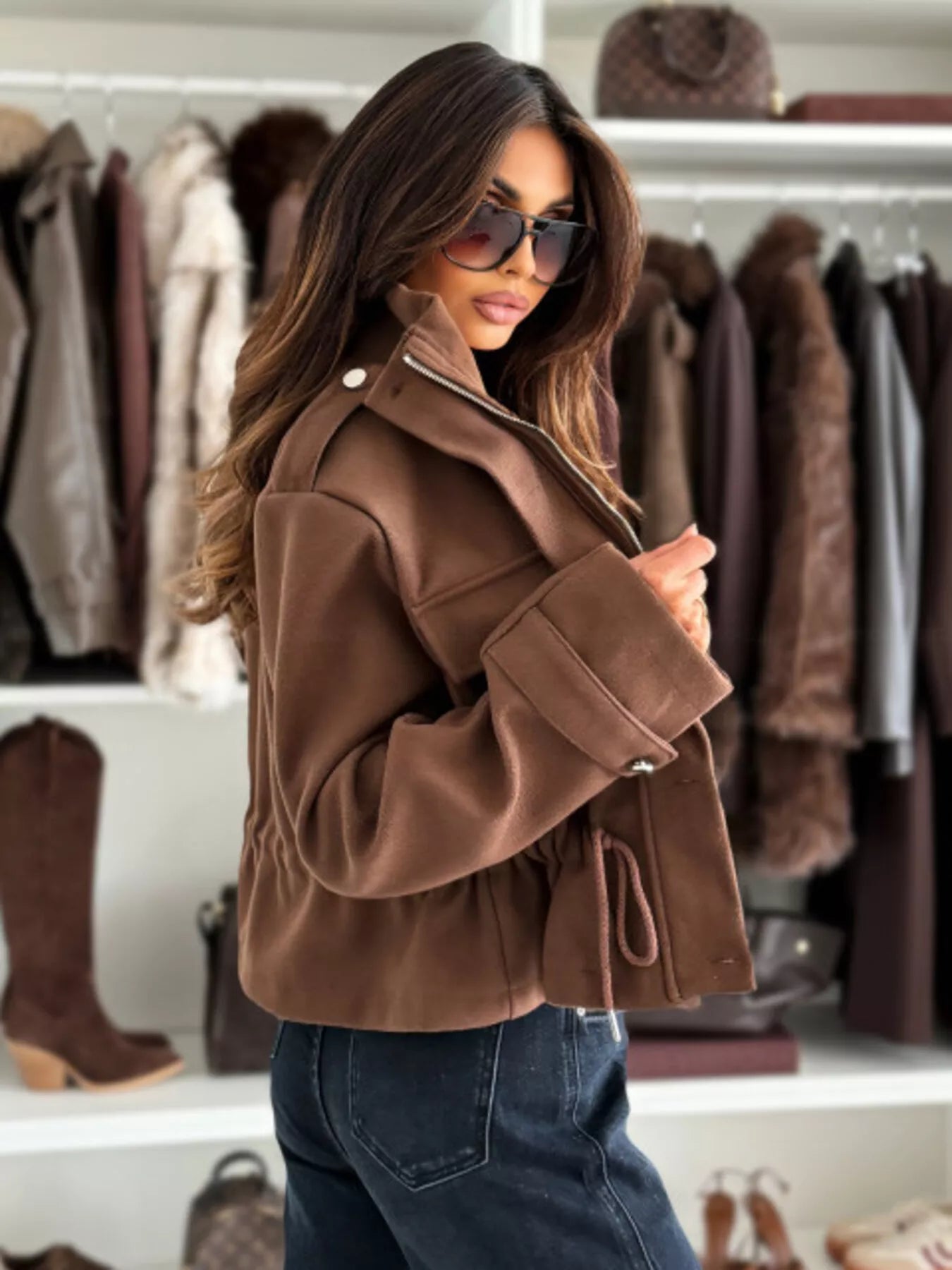 Drawstring Waist Cropped Jacket OutfitFlow