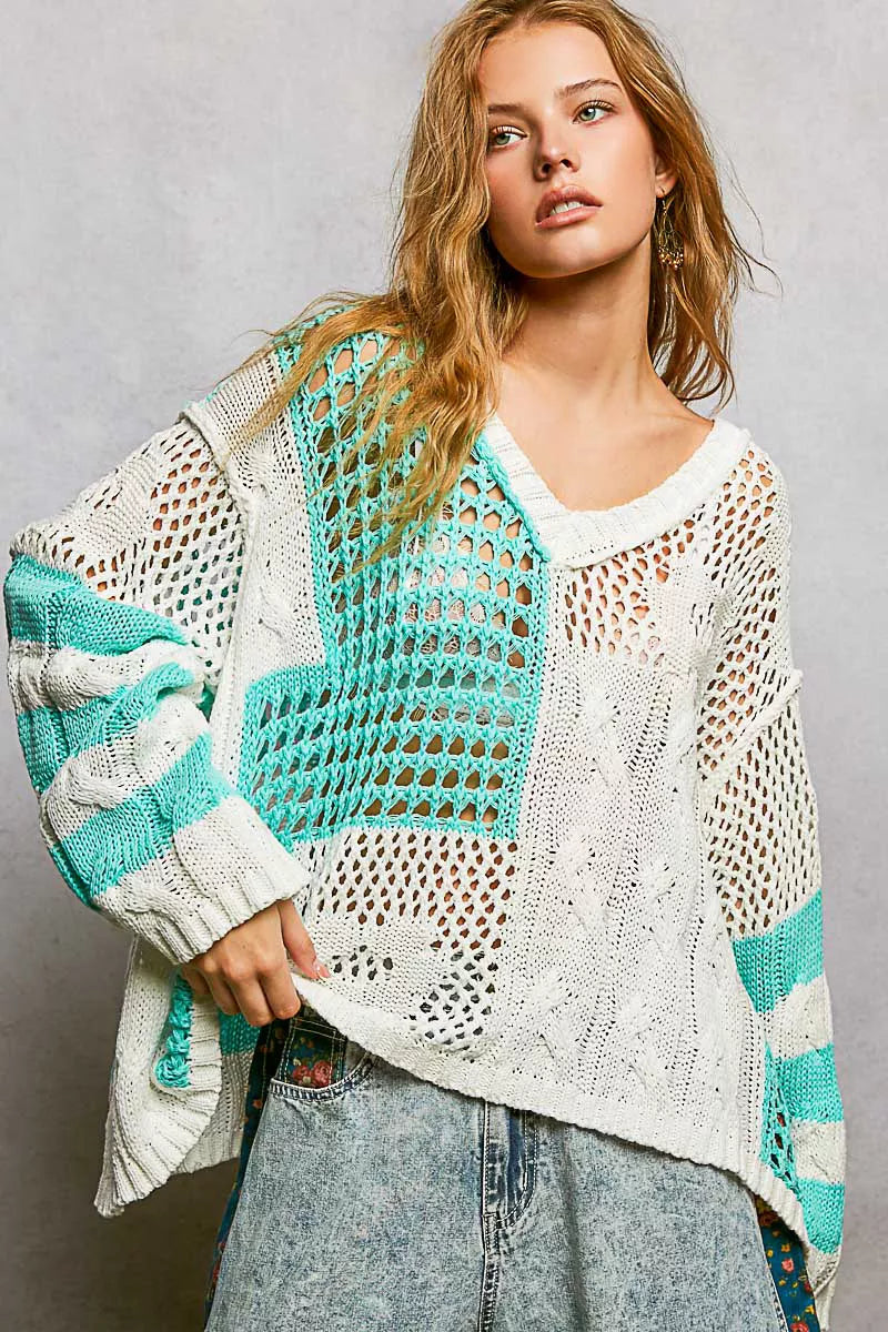 POL Color-Blocked Stripe Pattern Knit Top with Twisted Weave OutfitFlow