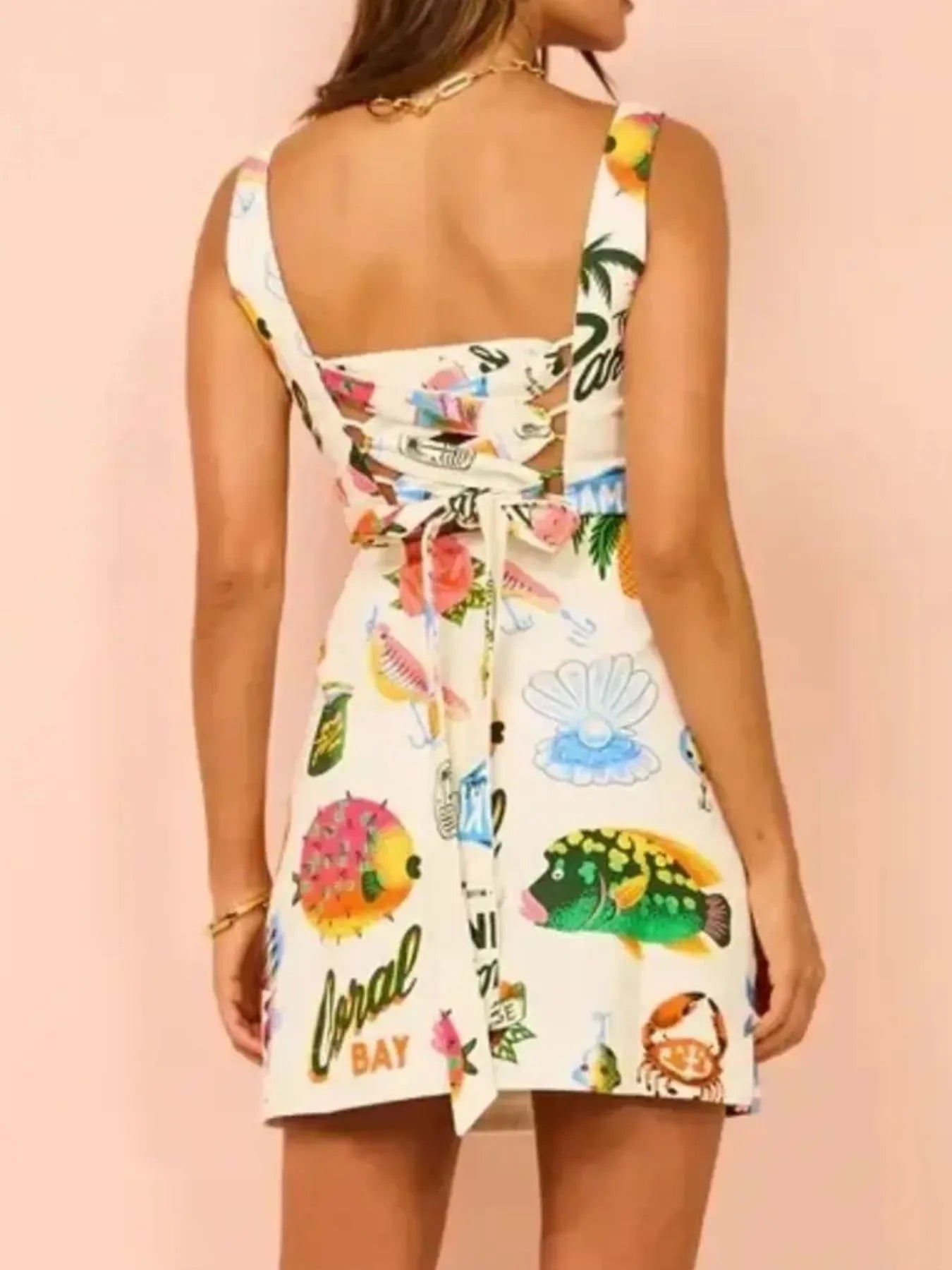 Printed Square Neck Summer Mini Dress OutfitFlow