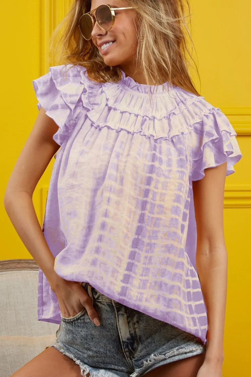 BiBi Tiered Ruffle Neck Tie Dye Top LAVENDER OutfitFlow