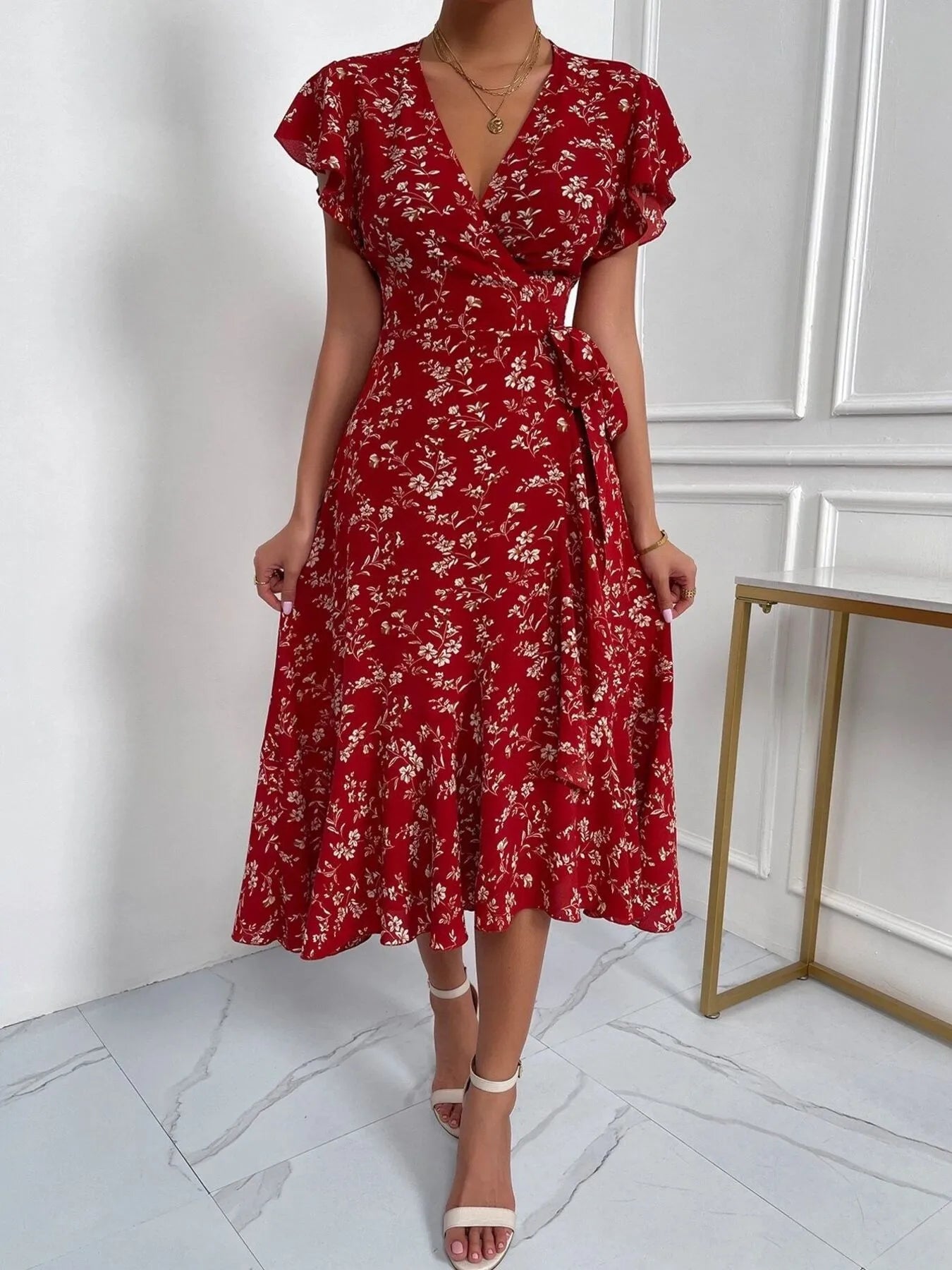 Floral Ruffle Sleeves Midi Dress OutfitFlow
