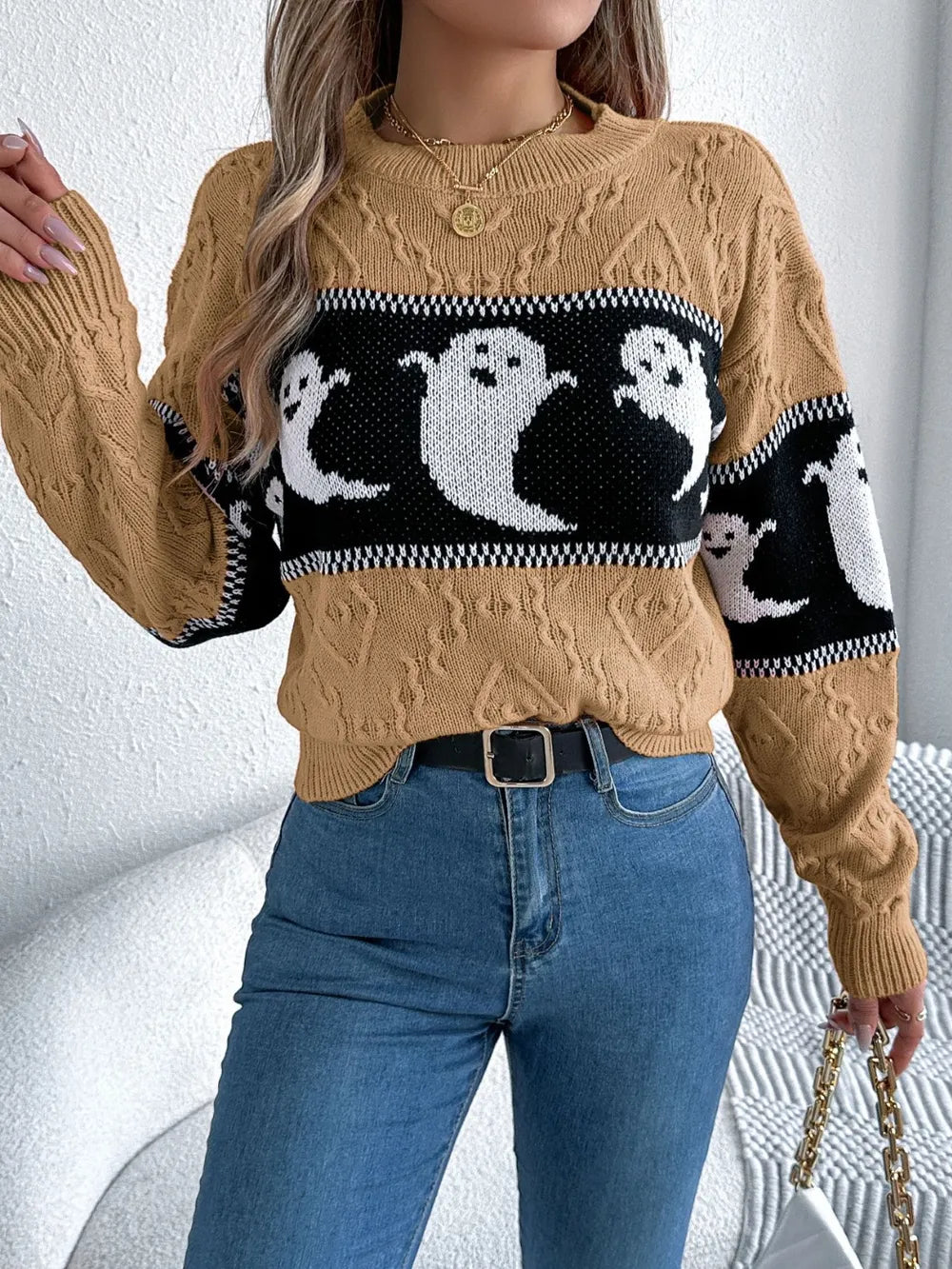 Ghost Round Neck Long Sleeve Sweater OutfitFlow
