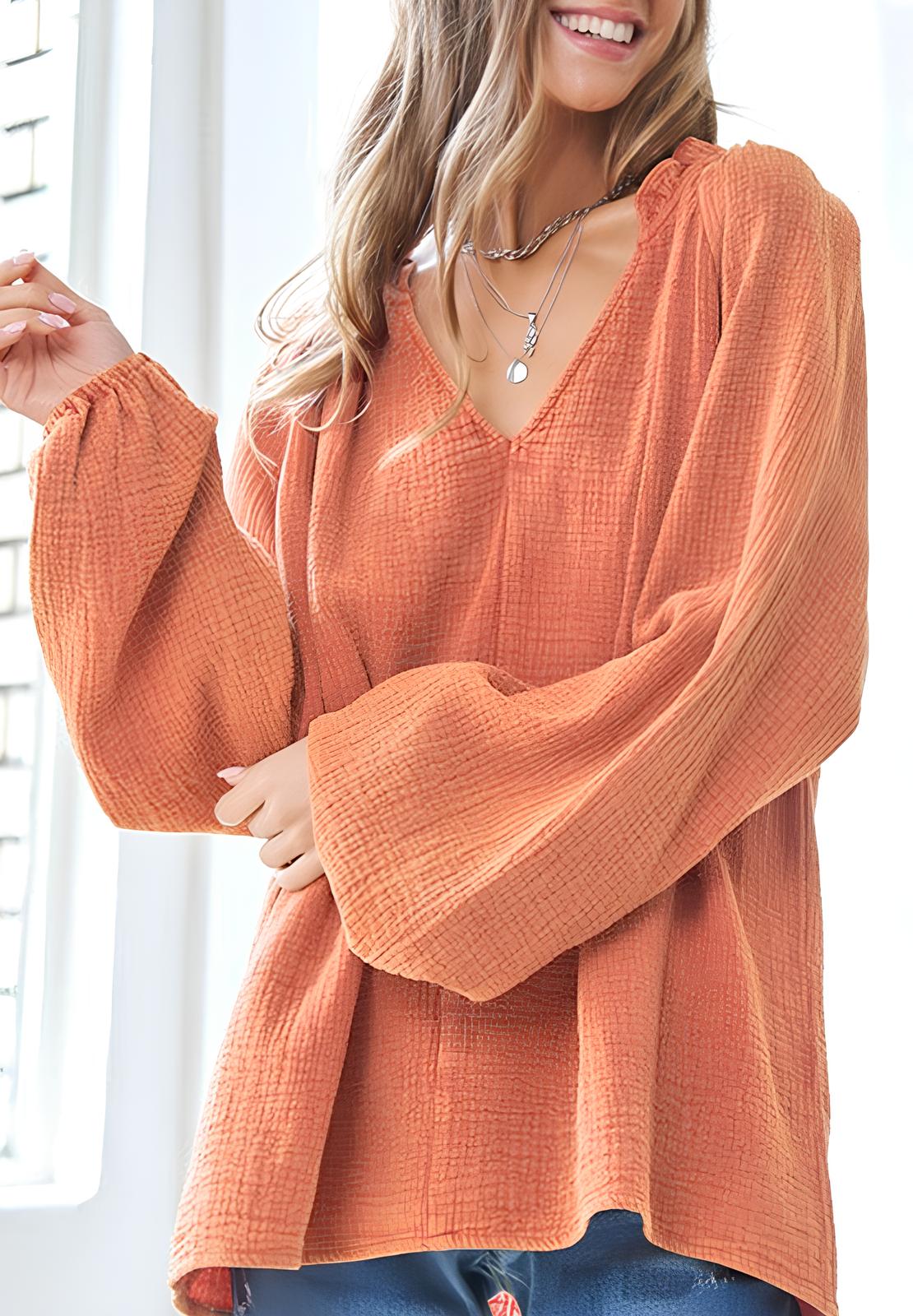 Outfit Flow - Frill V-Neck Balloon Sleeve Blouse