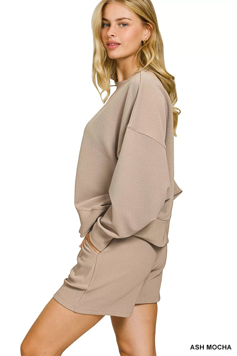 Zenana Ribbed Round Neck Pullover and Shorts Set OutfitFlow