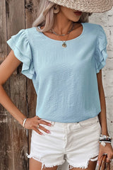 Solid Color Ruffled Short Sleeve Casual Blouse OutfitFlow