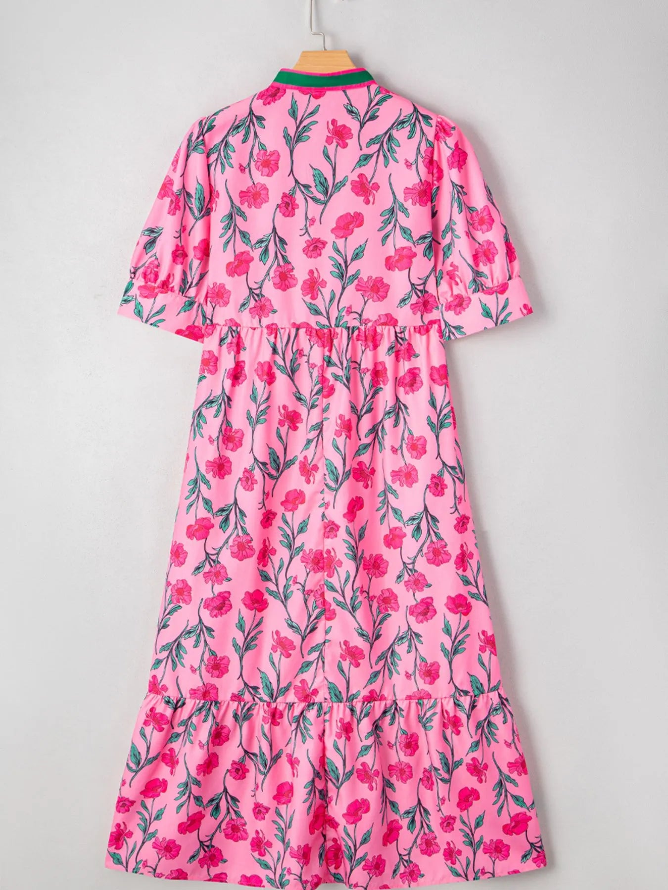 Floral Contrast Neckline A-line Puff Sleeve Dress OutfitFlow