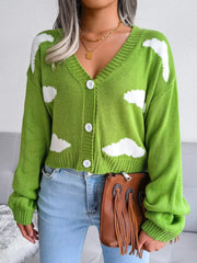 Cloud Pattern Button-Up Cropped Cardigan OutfitFlow