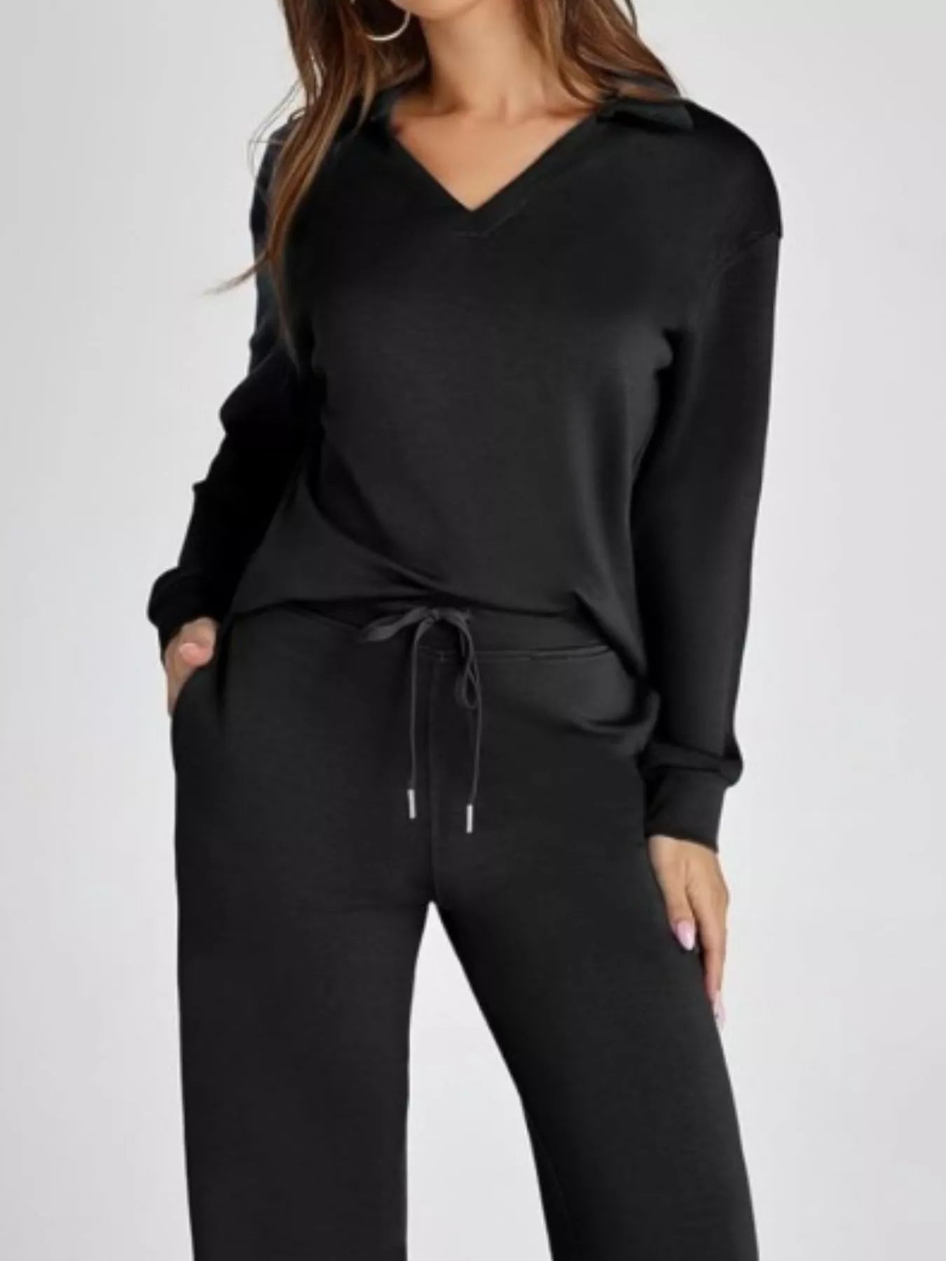 Full Size Johnny Collar Long Sleeve Top and Pants Plus Size OutfitFlow