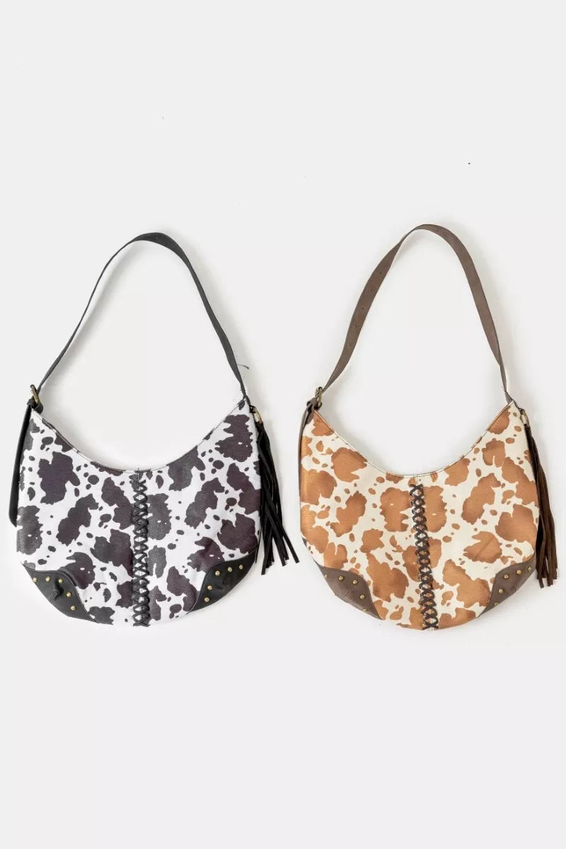 Fame Cow Print Hobo Shoulder Bag with Studded Details OutfitFlow