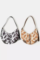 Fame Cow Print Hobo Shoulder Bag with Studded Details OutfitFlow