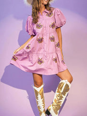 Full Size Sequin Button Front Puff Sleeve Shirt Dress Plus Size OutfitFlow