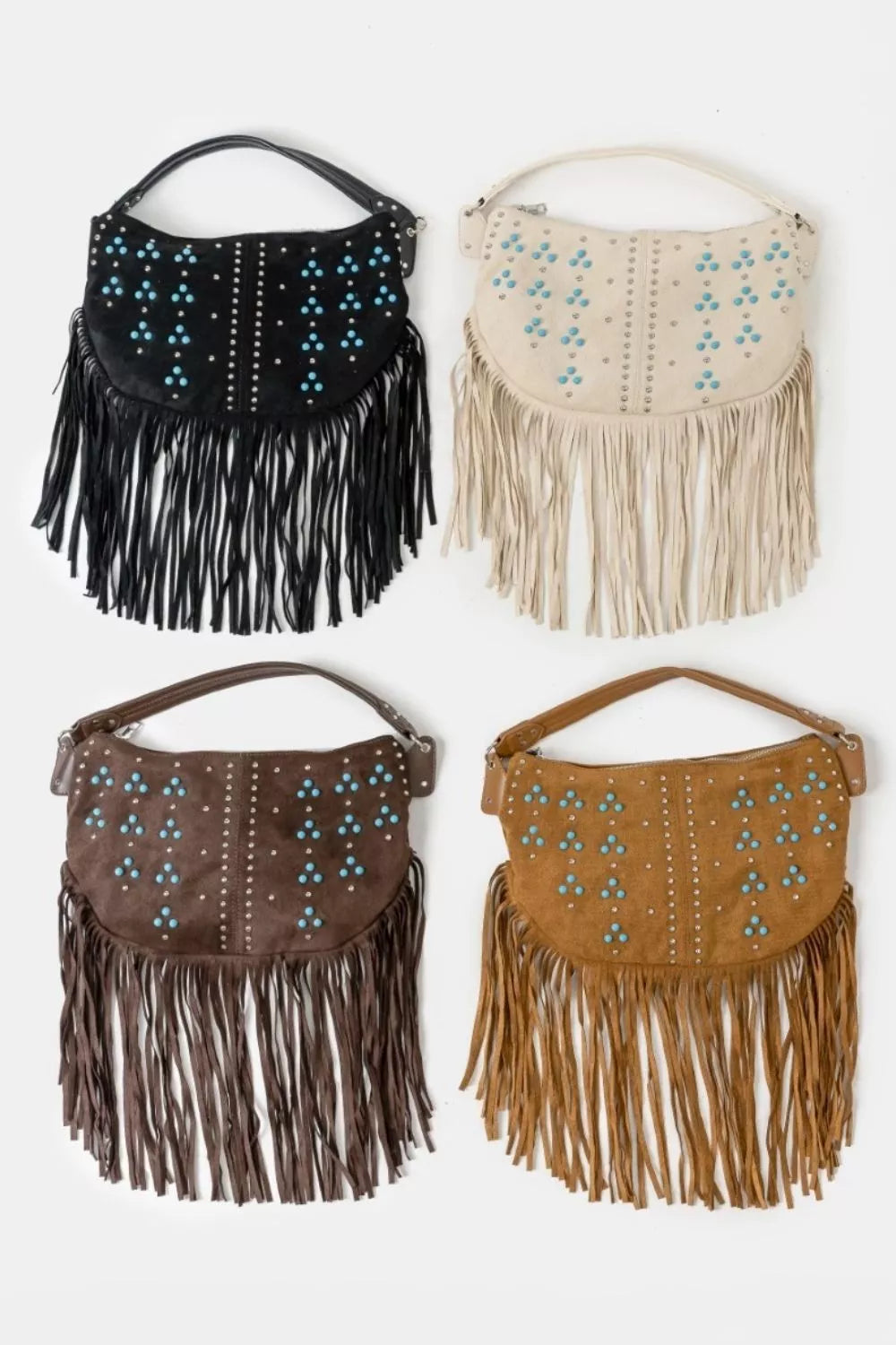 Fame Studded Pattern Multi Fringe Hobo Shoulder Bag OutfitFlow