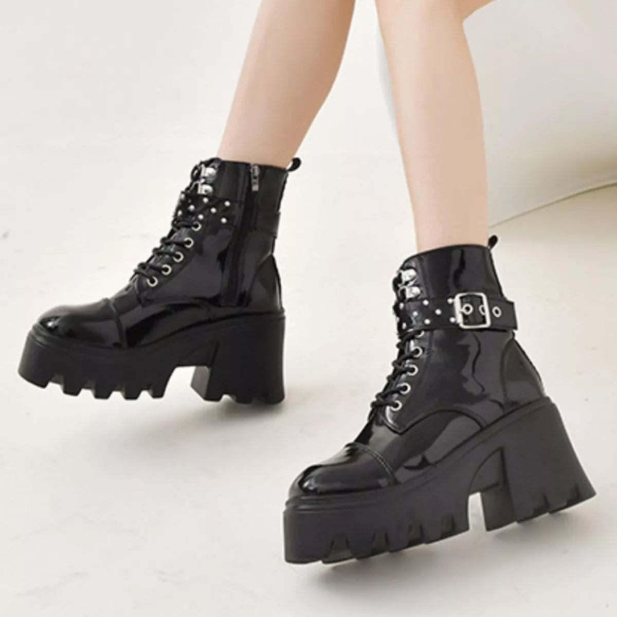 Platform Ankle Boots with Buckle and Studded Detail OutfitFlow