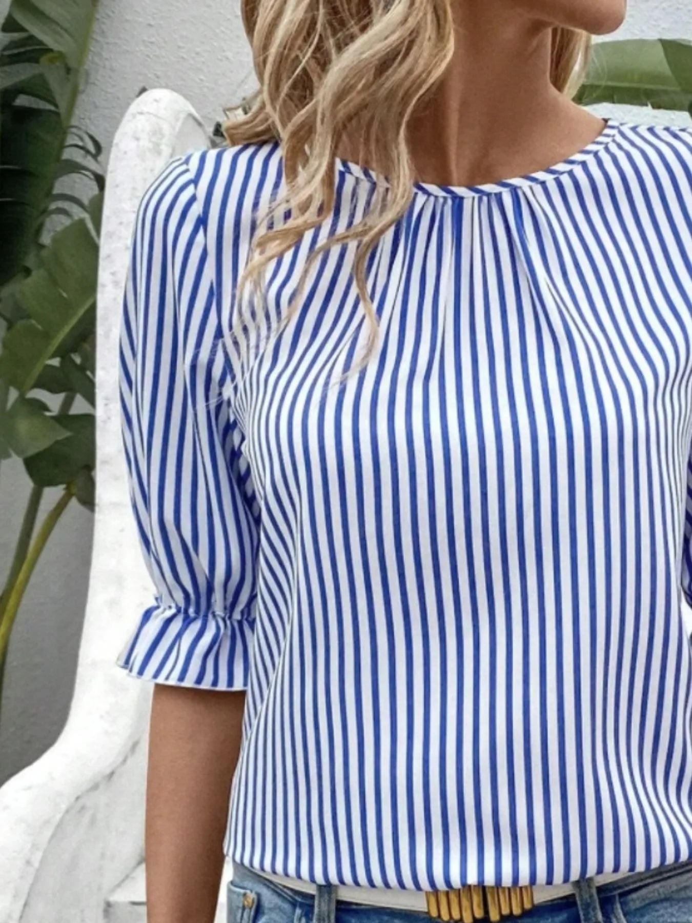 Striped Round Neck Half Sleeve Casual Blouse OutfitFlow