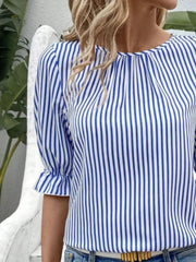 Striped Round Neck Half Sleeve Casual Blouse OutfitFlow