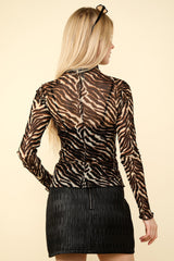 VERY J Zebra Print Mock Neck Sheer Mesh Blouse