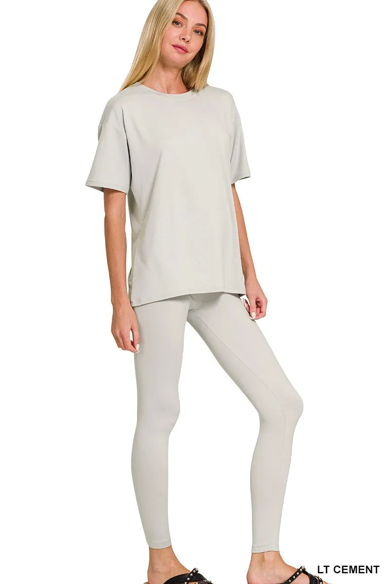 Zenana Brushed Dty Microfiber Short Sleeve Top and Pants Loungewear Set LT CEMENT OutfitFlow